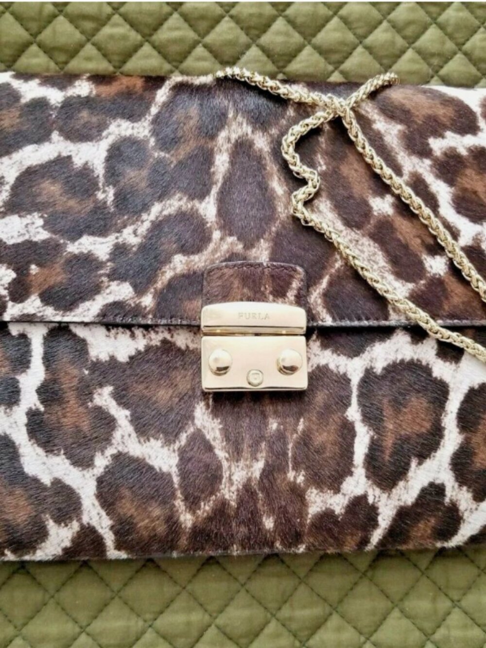 NWT Furla Cowhide Animal Print Leather Gold Chain Clutch Shoulder Bag Italy - Picture 16 of 16